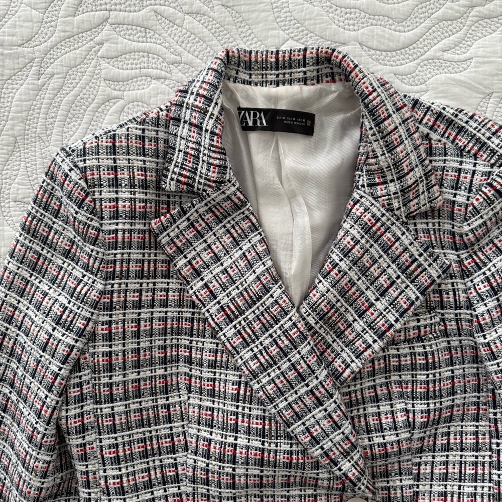 Zara - Textured Double Breasted Tweed Blazer - Blue/White/Red - Picture 5 of 16